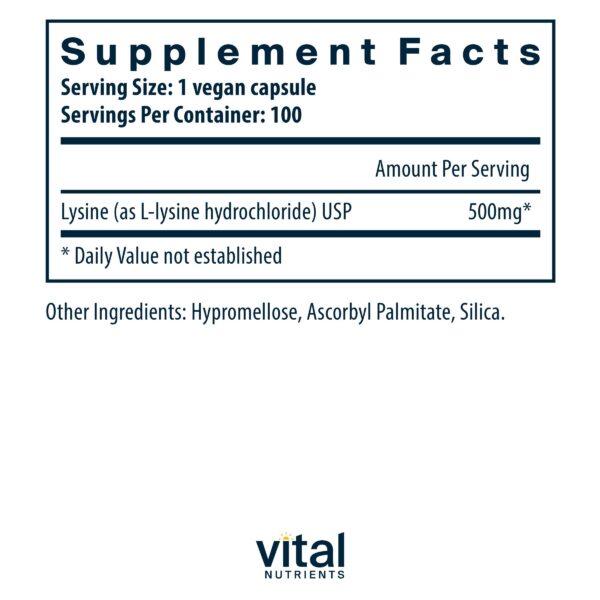 Frasco y etiqueta de Vital Nutrients Lysine