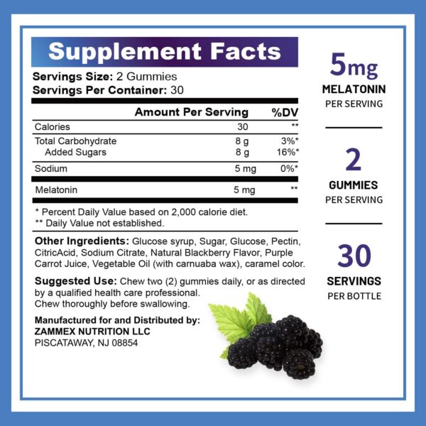 Frasco Zammex gomitas melatonina sabor natural baya para adultos