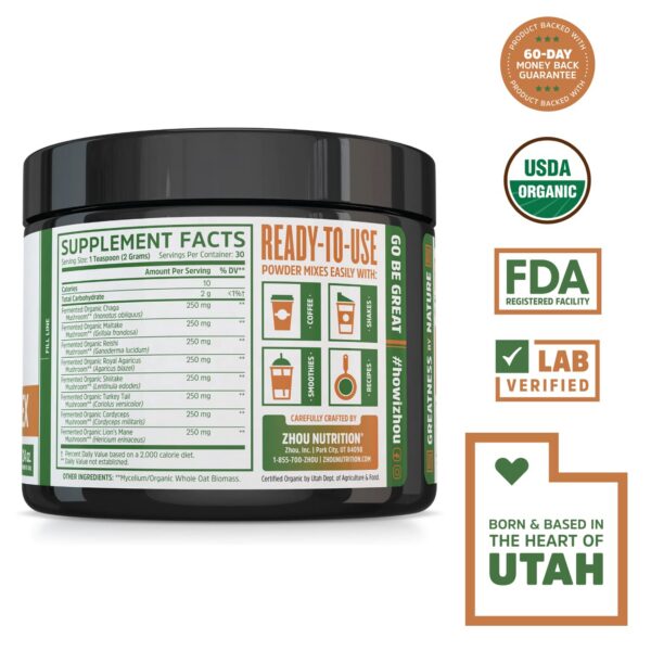 Frasco Zhou Nutrition 8-Plex polvo de hongos orgánico