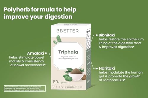 Frascos de BBETTER Triphala 180 cápsulas soporte intestinal natural