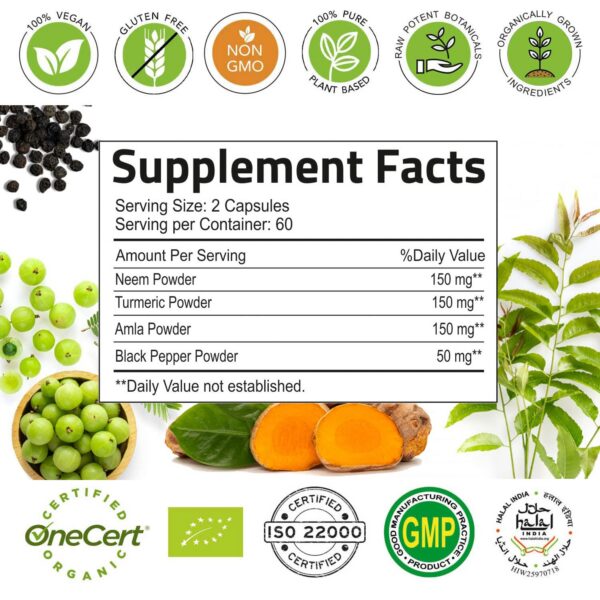 Frascos cápsulas Neem orgánico con Cúrcuma y Amla Hebhac Herbs