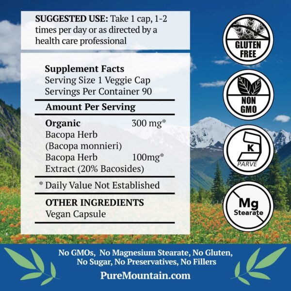 Frasco de cápsulas veganas de Bacopa de Pure Mountain