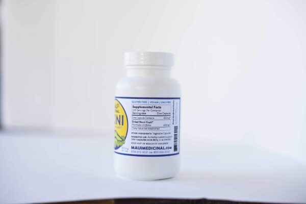 Frascos cápsulas vegetales de fruta entera noni Maui Medicinal