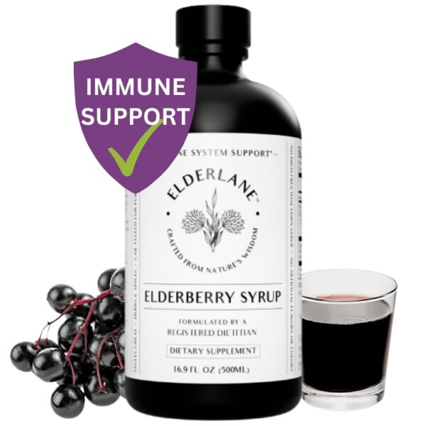 Frasco y etiqueta del jarabe Elderlane con ingredientes naturales