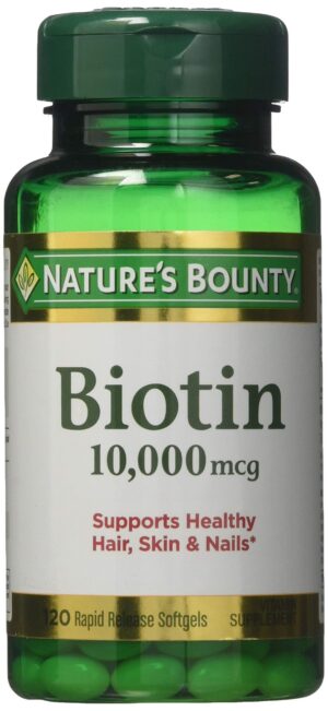 Frasco de Nature's Bounty biotina 10,000 mcg softgels 120 unidades