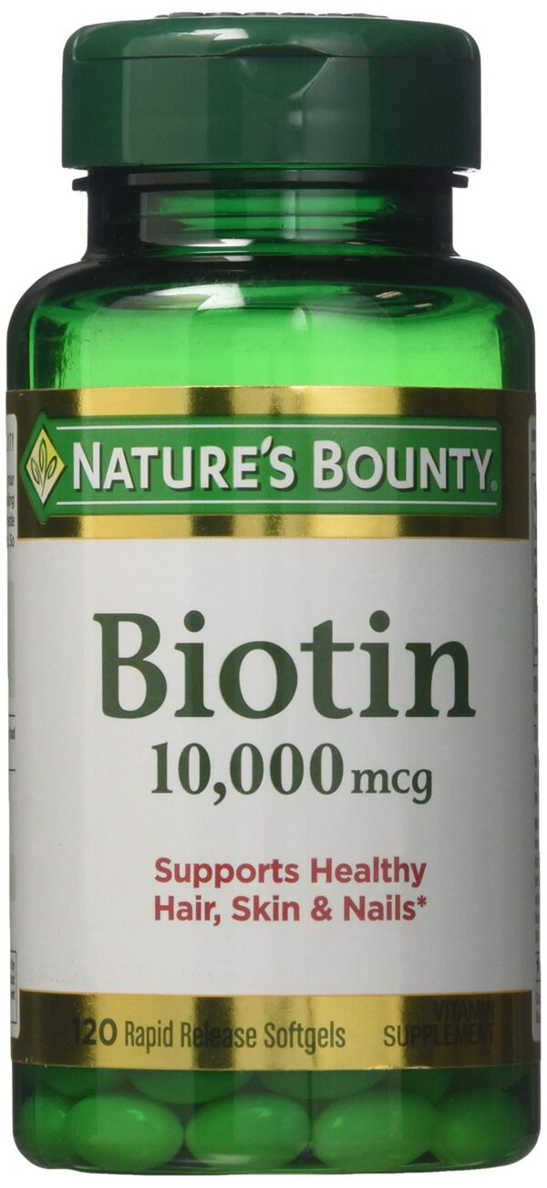 Frasco de Nature's Bounty biotina 10,000 mcg softgels 120 unidades