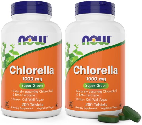 Frascos Now Chlorella 1000mg tabletas suplemento superalimento verde