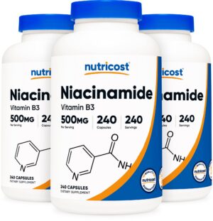 Frascos Nutricost de niacinamida 500mg vitamina B3 240 cápsulas