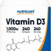 Frasco Nutricost vitamina d3 1000 iu 240 cápsulas blandas