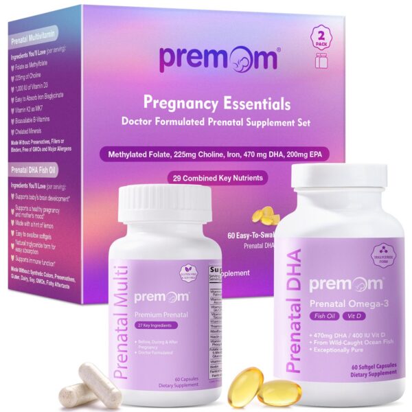 Frasco de vitaminas prenatales Premom con DHA y folato