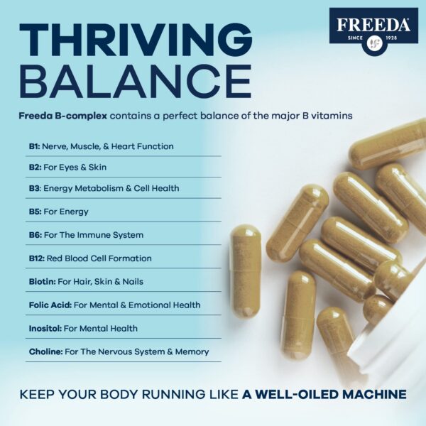 Vista lateral empaque FREEDA Vitamina B Complex Kosher