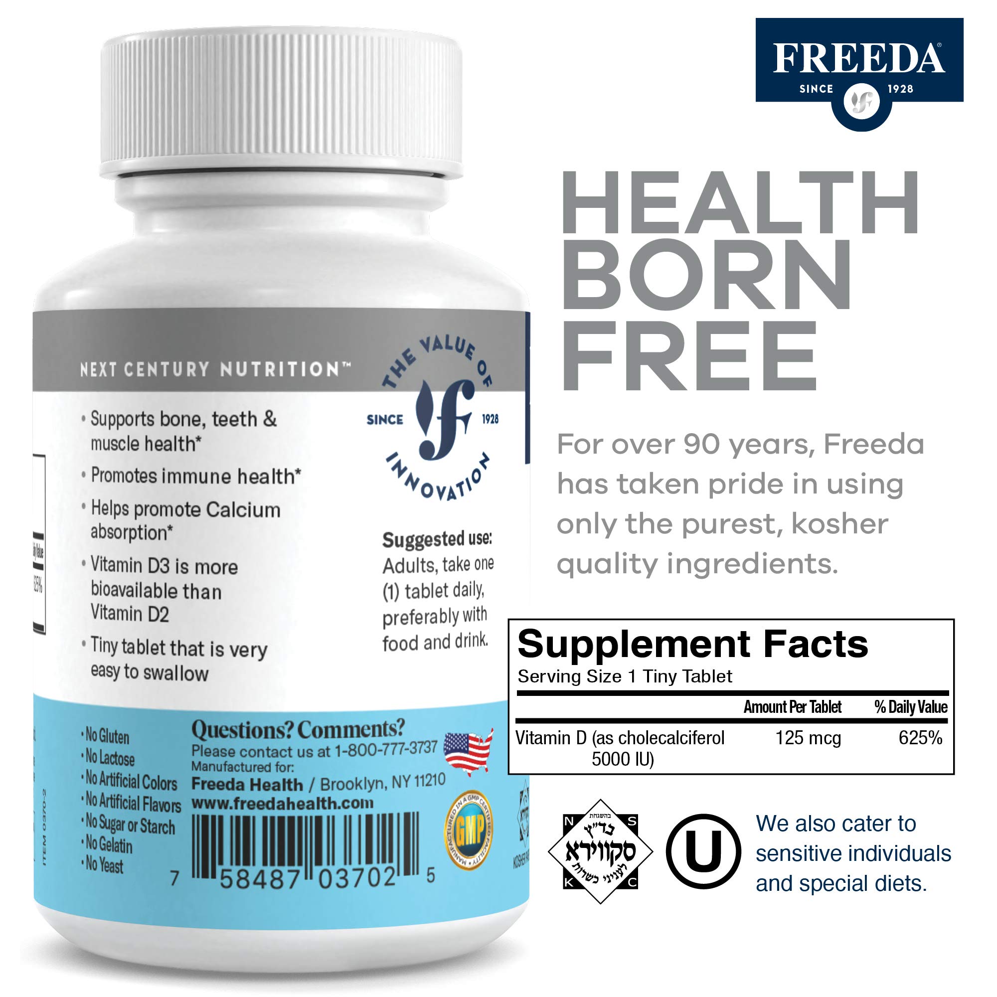 FREEDA D3 5000 UI tabletas Kosher 250 alta potencia