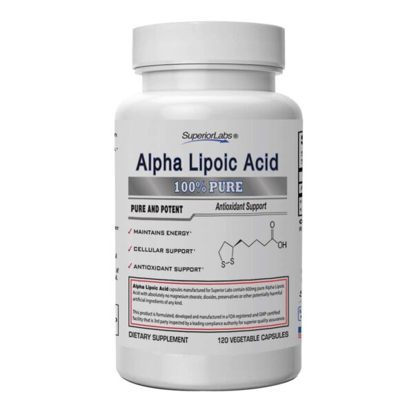 Frente de la botella alfa-lipoico 600 mg