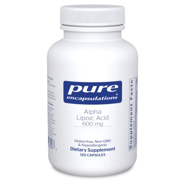 Frente de la botella Pure Encapsulations ALA 600 mg