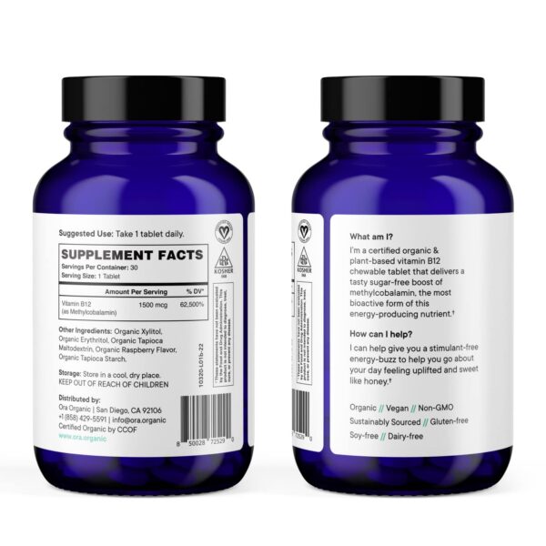 Frente caja Ora Organic vitamina b12 masticable sin azúcar