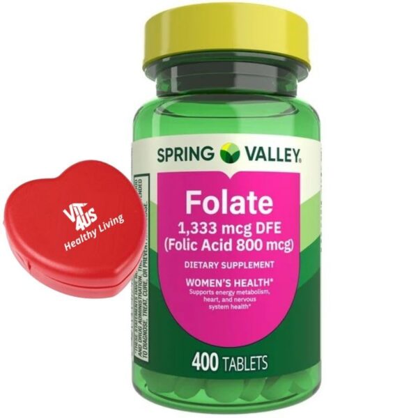 Frente de la caja Spring Valley Folato 400 cápsulas