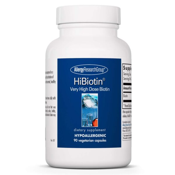 Frente de la etiqueta HiBiotin Allergy Research Group