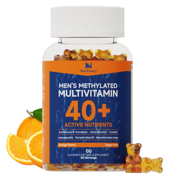 Frente del frasco de gomitas multivitamínicas para hombres