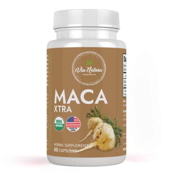 Frente del frasco Maca Xtra de Via Natura Organics