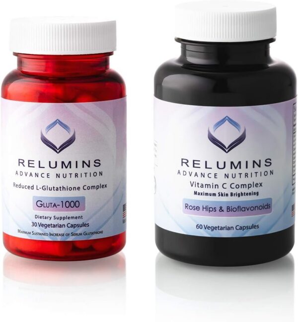 Frente del frasco Relumins Gluta 1000 y Vitamina C