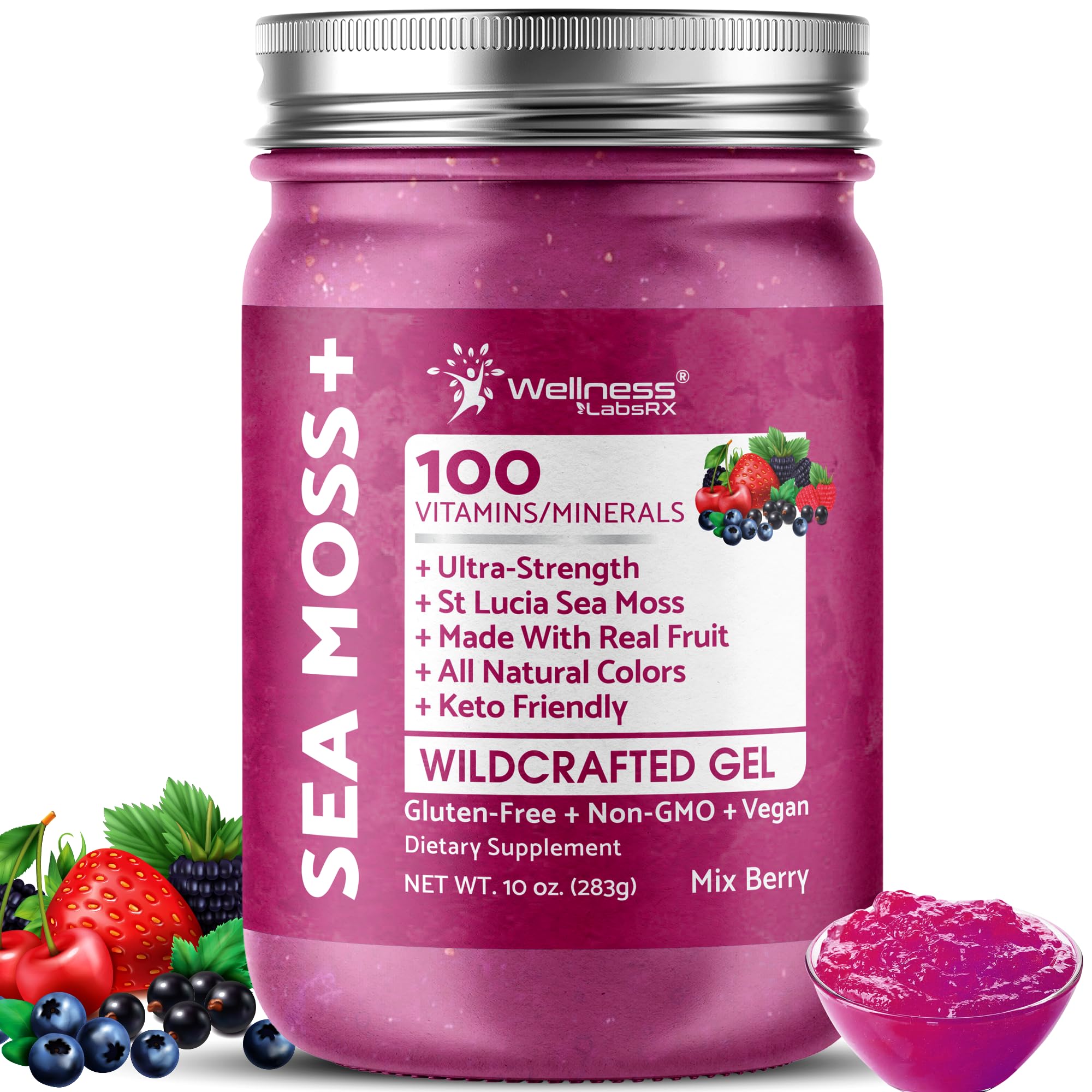 WELLNESS LABSRX Raw Irish Sea Moss Gel, mix berry