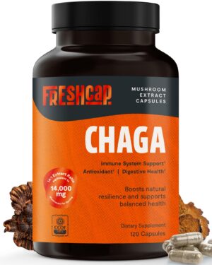 Frente de la botella FreshCap Mushrooms Chaga cápsulas
