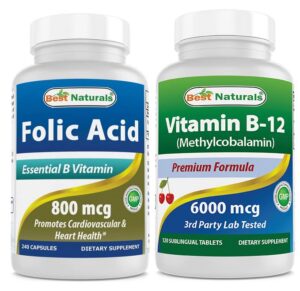 Frente del frasco Best Naturals ácido fólico 800 mcg y B12