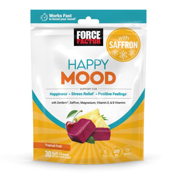 Version 1.0.0 Frente de Force Factor Happy Mood gomitas sabor fruta tropical