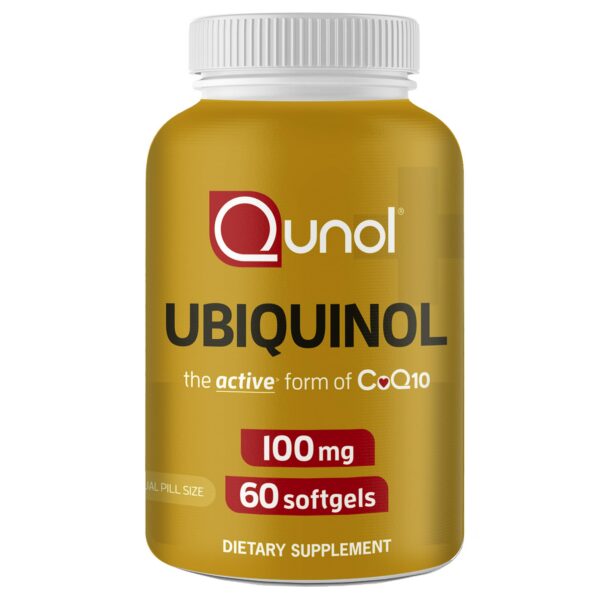 Frasco y etiqueta frontal de Qunol Ubiquinol CoQ10 100 mg Softgels