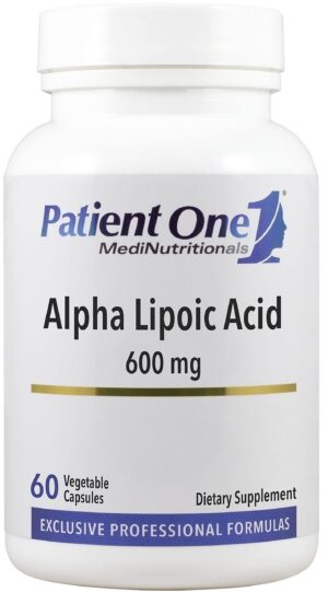 Frontal de la botella de ácido alfa-lipoico 600 mg