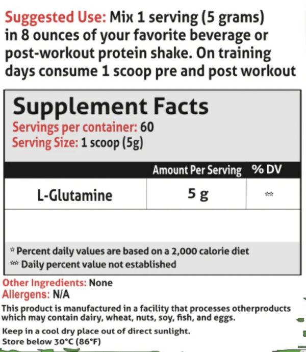 Etiqueta lateral Frontline Formulations Glutamina en polvo