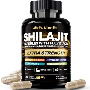 Frasco de Shilajit Fubienfit cápsulas con etiqueta dorada