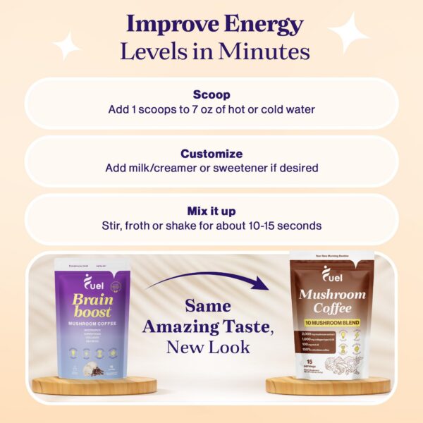 Bebida instantánea Fuel con polvo de hongos y colágeno tipo I y III