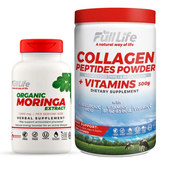 Envase de Full Life con colágeno hidrolizado y moringa