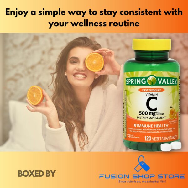 Tabletas vitamina C Fusion Shop Store sabor naranja - etiqueta frontal