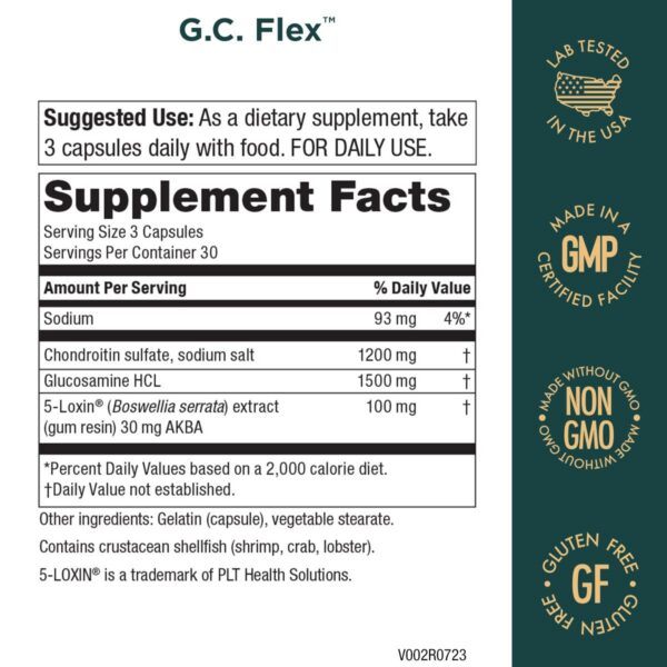 Vista lateral del frasco G.C. Flex que apoya flexibilidad articular