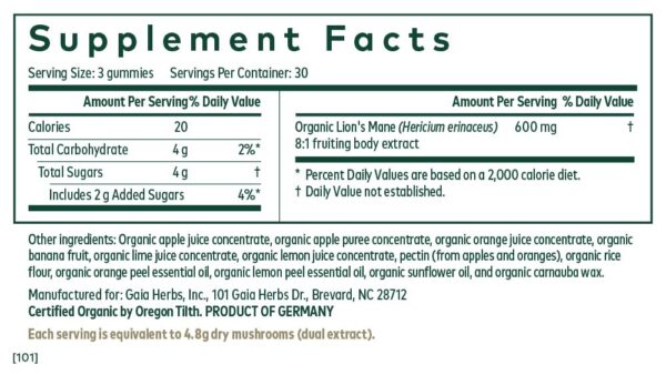 Version 1.0.0 Gaia Herbs PRO Lion's Mane gomitas etiqueta