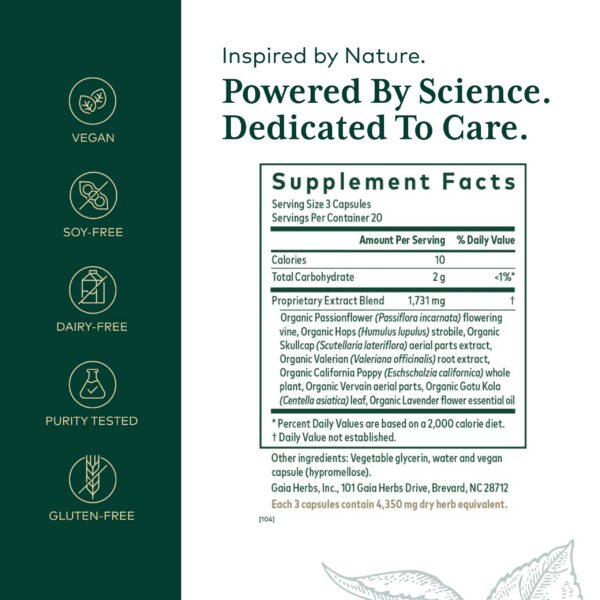 Gaia Herbs suplemento herbal para sueño etiqueta frontal