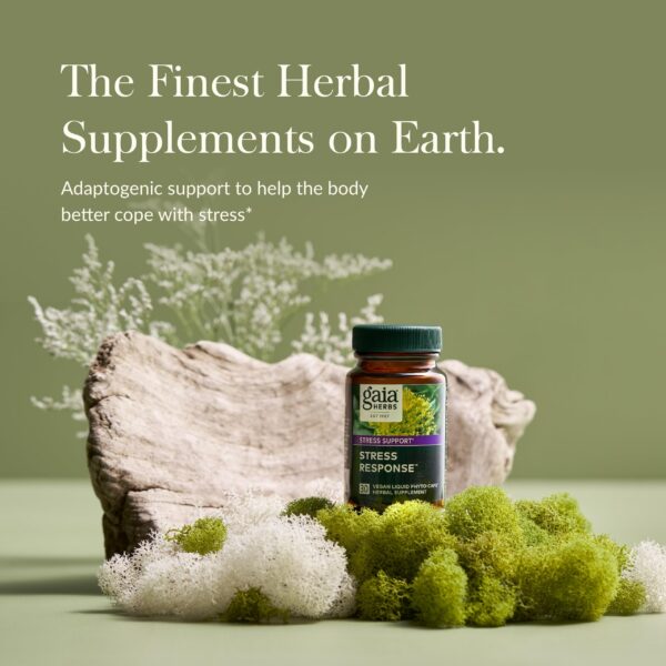 Gaia Herbs Stress Response etiqueta y logo