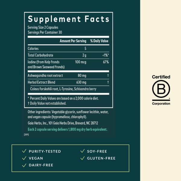 Gaia Herbs Thyroid Support cápsulas vegetales vista lateral