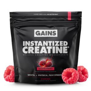 Version 1.0.0 GAINS IN BULK Creatine Instantized frasco y etiqueta