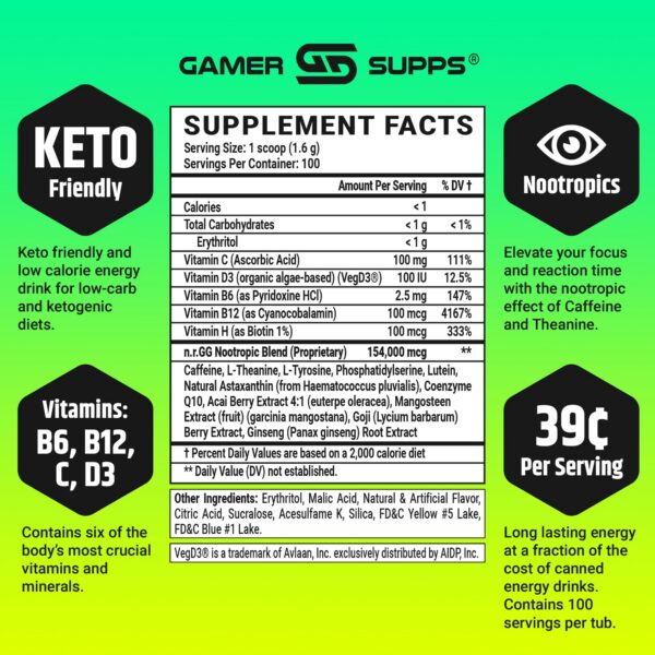 Suplemento Gamer Supps GG Energy Guacamole en envase para 100 porciones