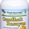 Detalle de frasco y etiqueta Gandhak Rasayan Planet Ayurveda