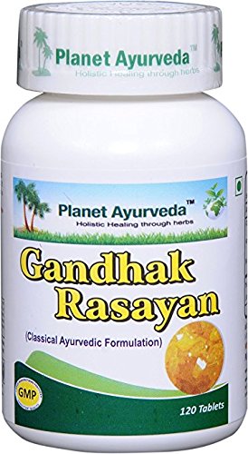 Detalle de frasco y etiqueta Gandhak Rasayan Planet Ayurveda