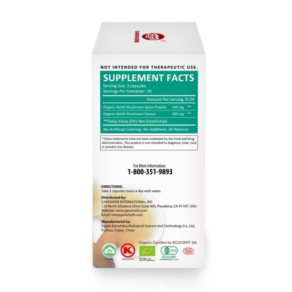 Cápsulas veganas Reishi GANOHERB sobre fondo blanco