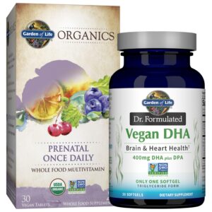 Imagen frontal del bundle Garden of Life DHA vegano y prenatal