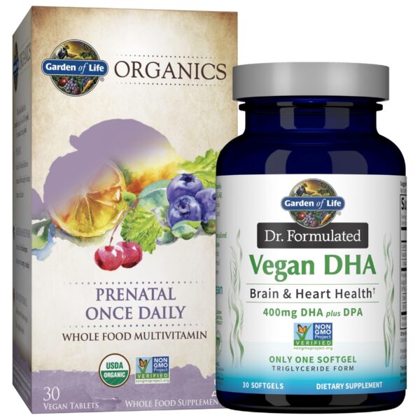 Version 1.0.0 Imagen frontal del bundle Garden of Life DHA vegano y prenatal