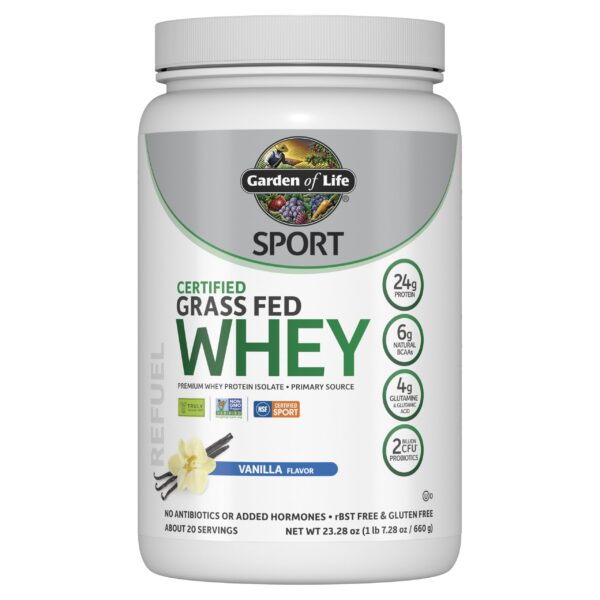 Frente del envase Garden of Life SPORT Whey Powder vainilla