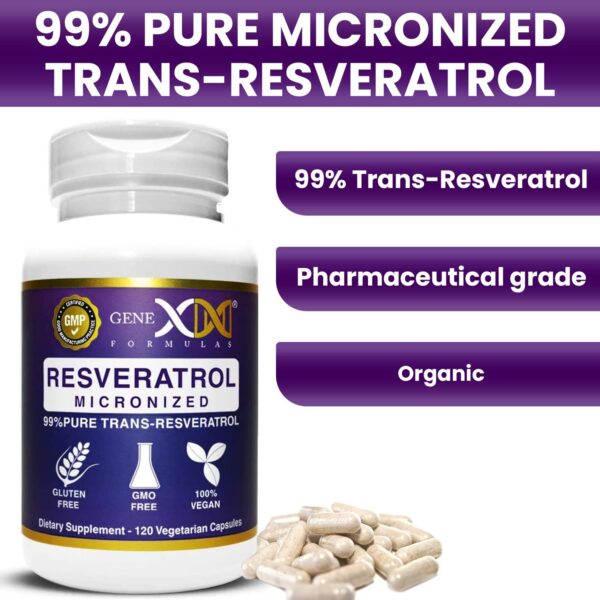 Frasco y cápsulas Genex Formulas Trans Resveratrol en fondo blanco
