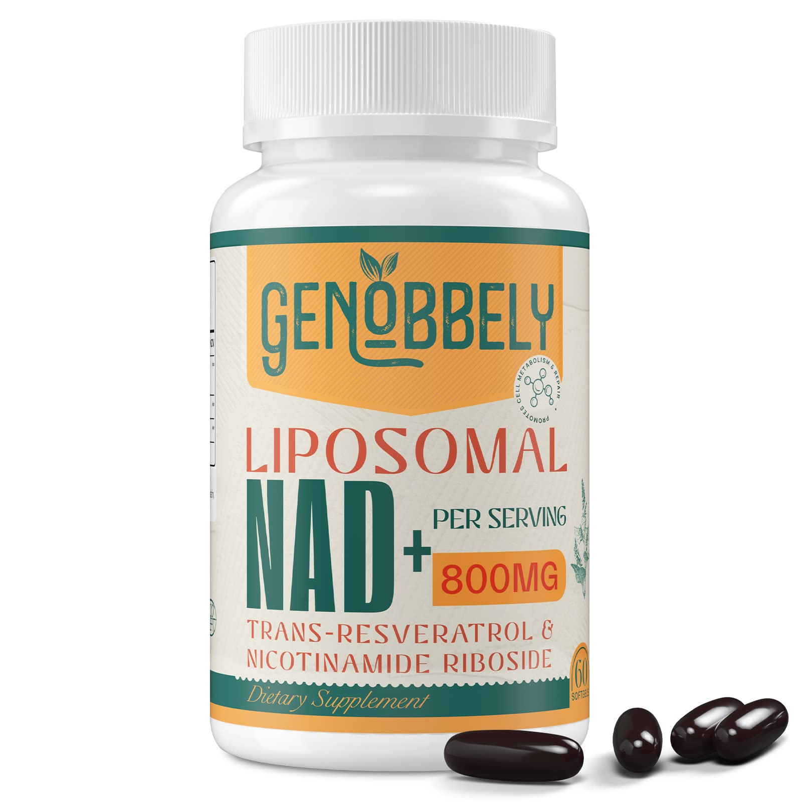 GENOBBELY NAD+, 500 mg, Nicotinamide Riboside, 200 mg, Trans-Resveratrol, 100 mg
